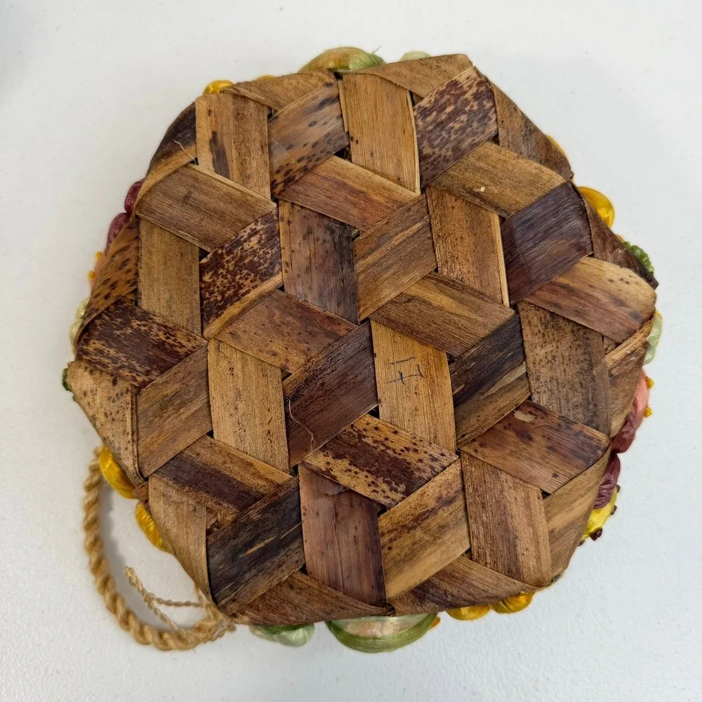 Vintage Woven Straw Basket Mushrooms‎ Vegetable Fruit Raffia Philippines Boho